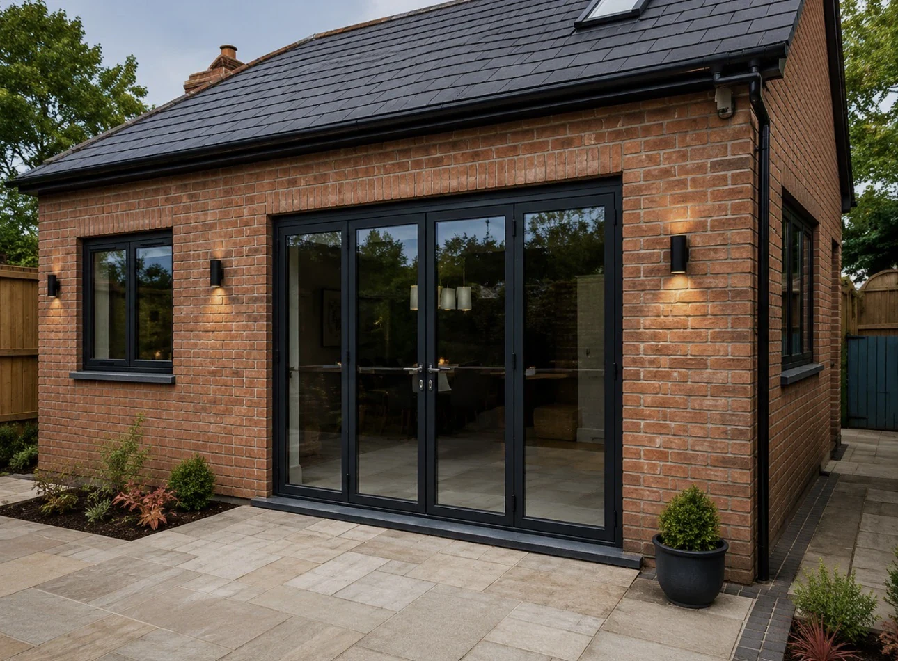 Brick extension with a pitched tiled roof, rooflights and dark-framed doors