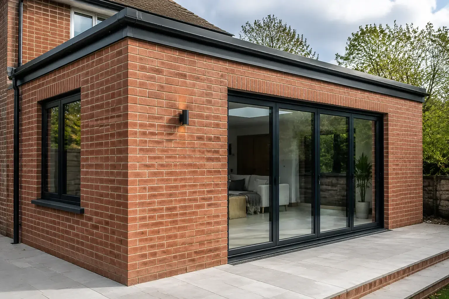 Red facing brickwork surrounding dark-framed garden glazing