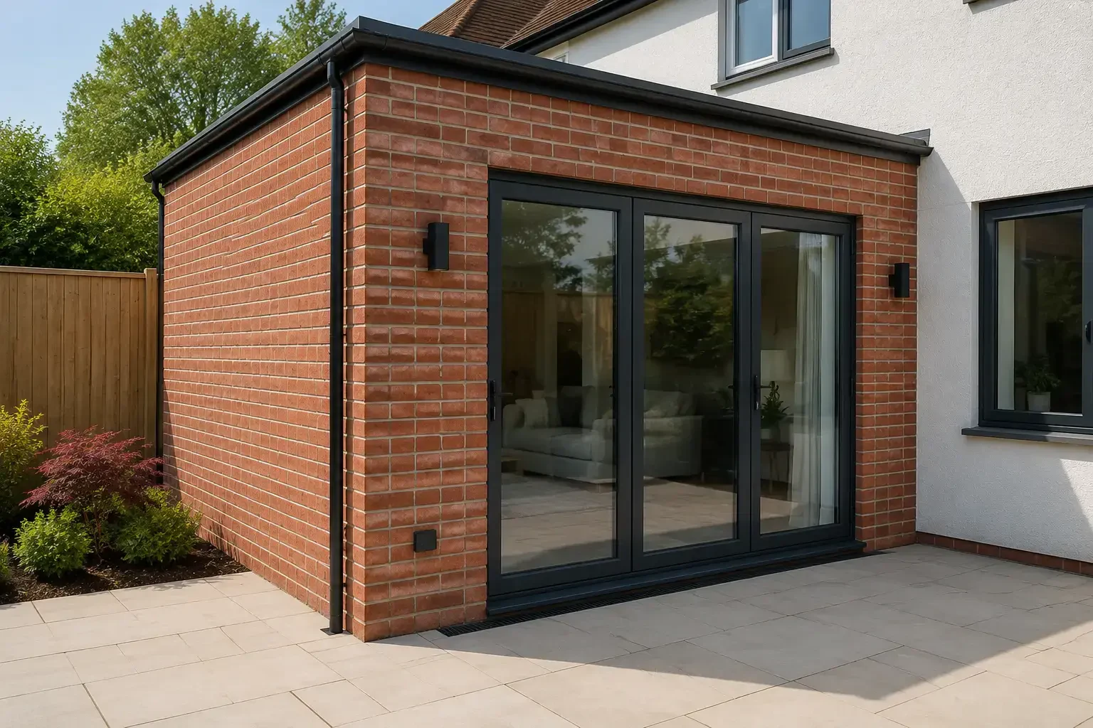 Red-brick extension wall with dark-framed garden doors and a paved threshold