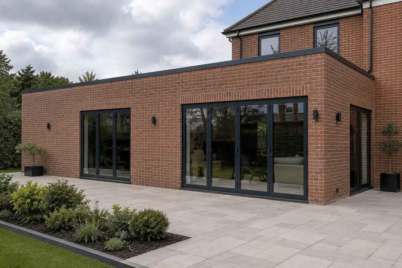 Wide brick elevation with dark-framed doors and straight masonry courses