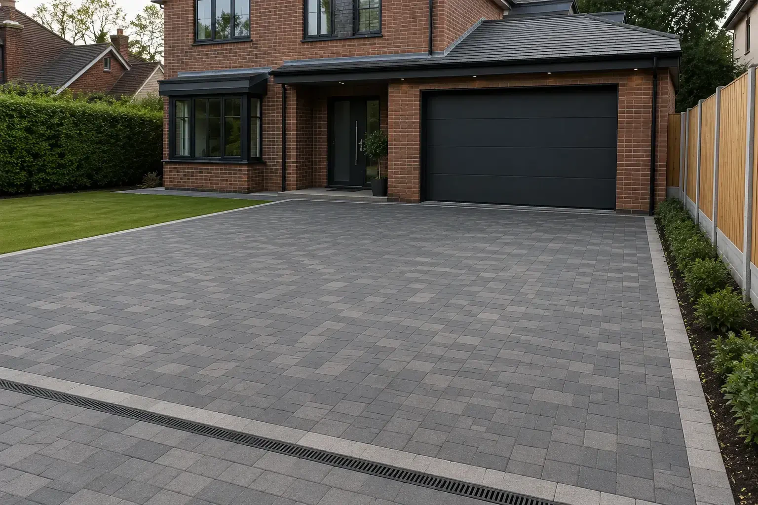 Charcoal block-paved driveway with pale edging and linear drainage