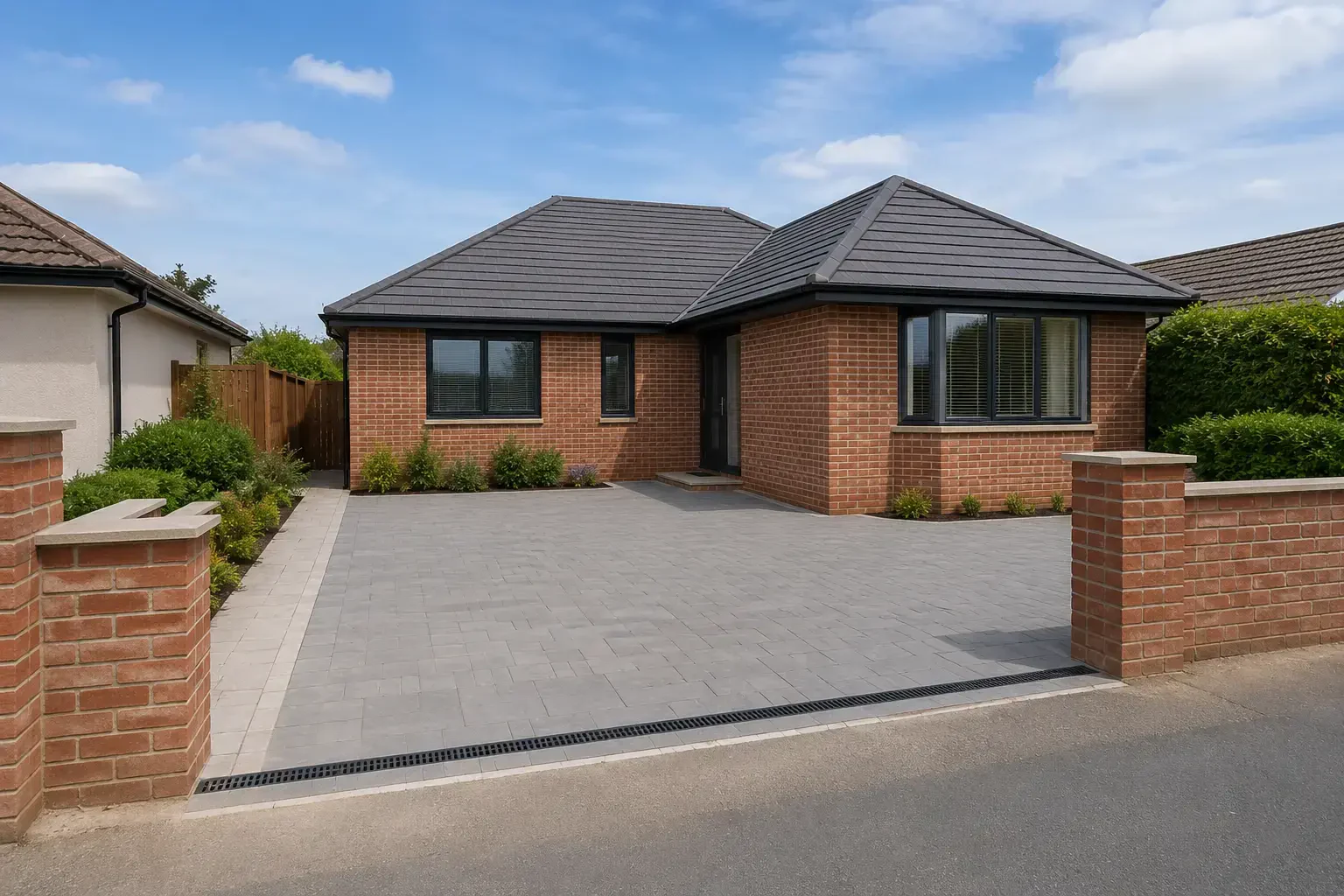 Block-paved bungalow driveway with low brick walls and pavement-edge drainage