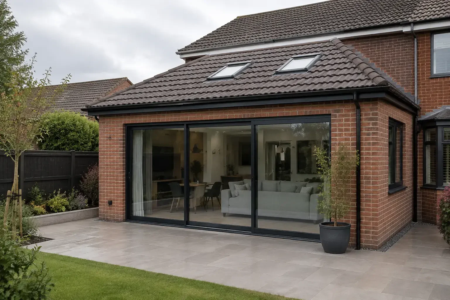 Pitched-roof brick extension with two rooflights and dark-framed garden doors