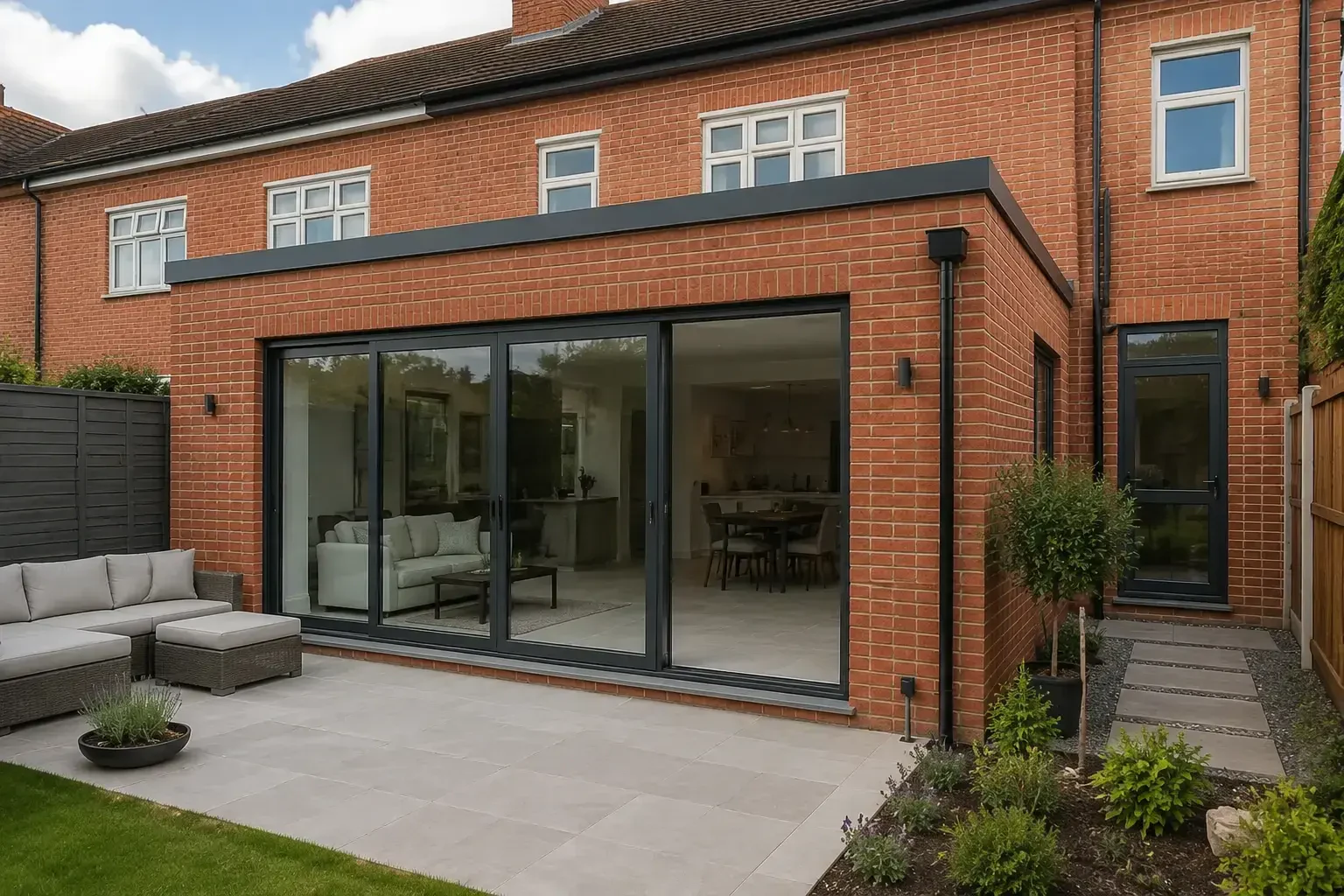 Flat-roof brick extension with wide dark-framed garden doors