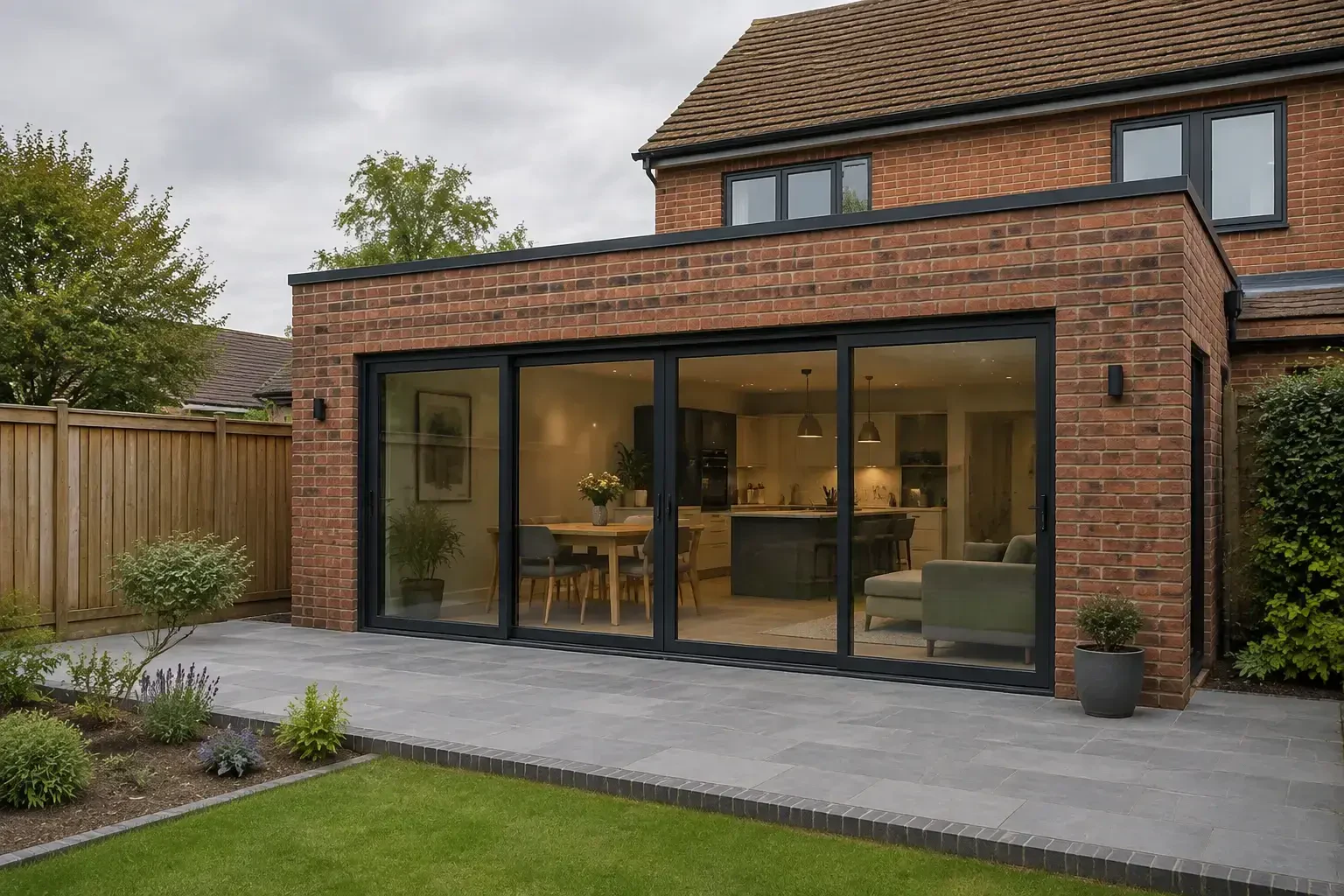 Glazed brick kitchen-diner extension opening onto a landscaped garden