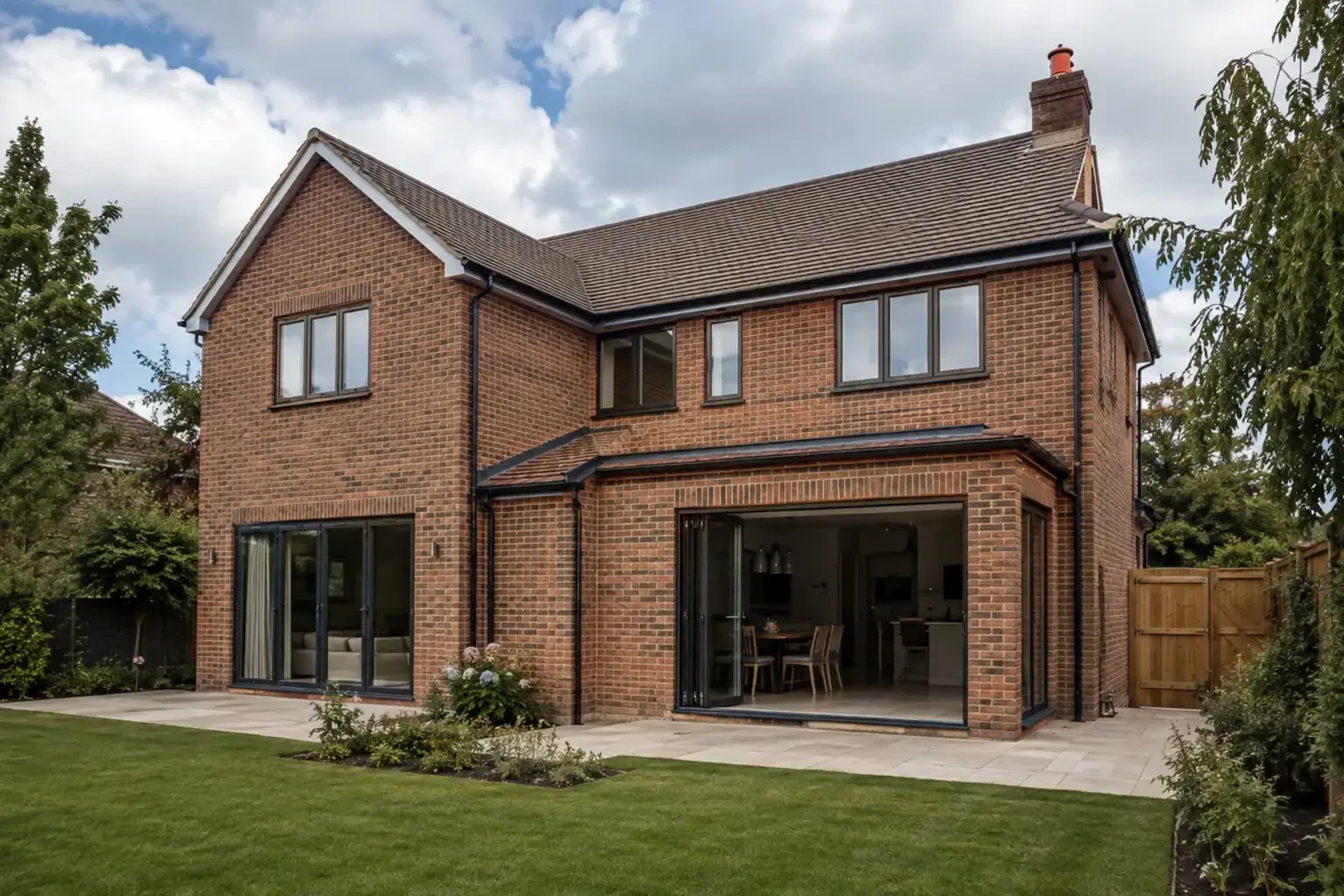 Two-storey brick extension with a matching tiled roof and garden doors