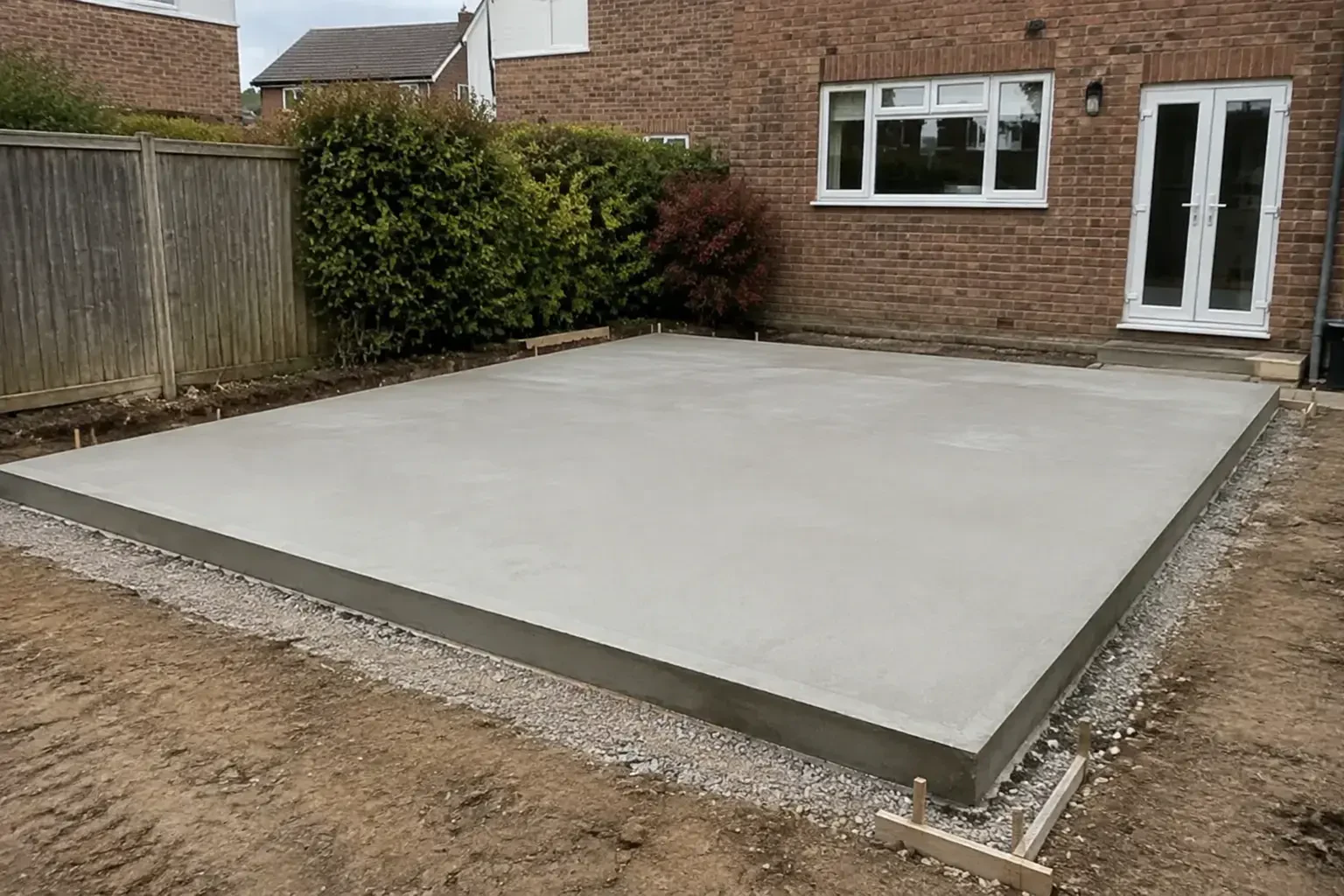 Concrete slab base prepared beside a brick house