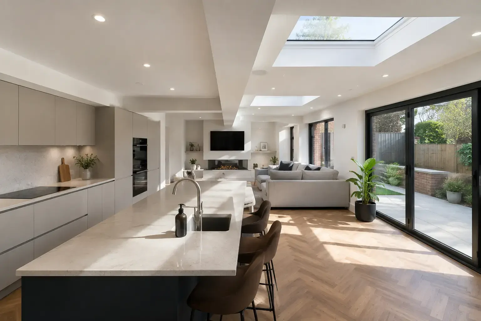 Open-plan kitchen and living area with rooflights and garden glazing