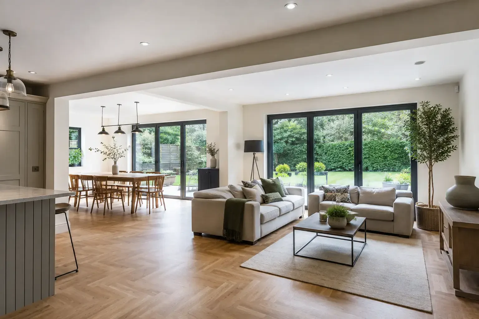 Open-plan living and dining space connected through a wide internal opening