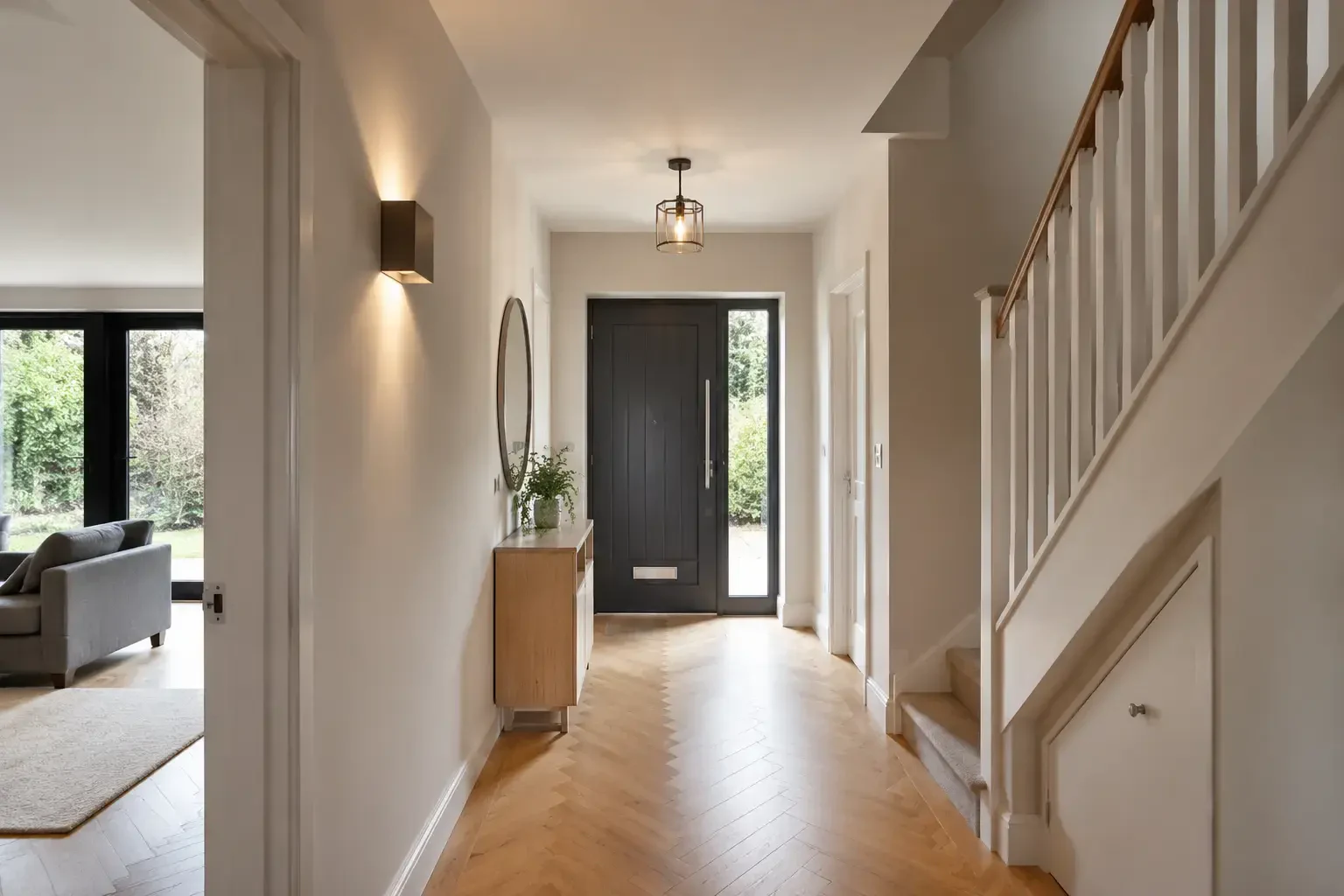 Refurbished hallway with a herringbone timber floor and dark entrance door
