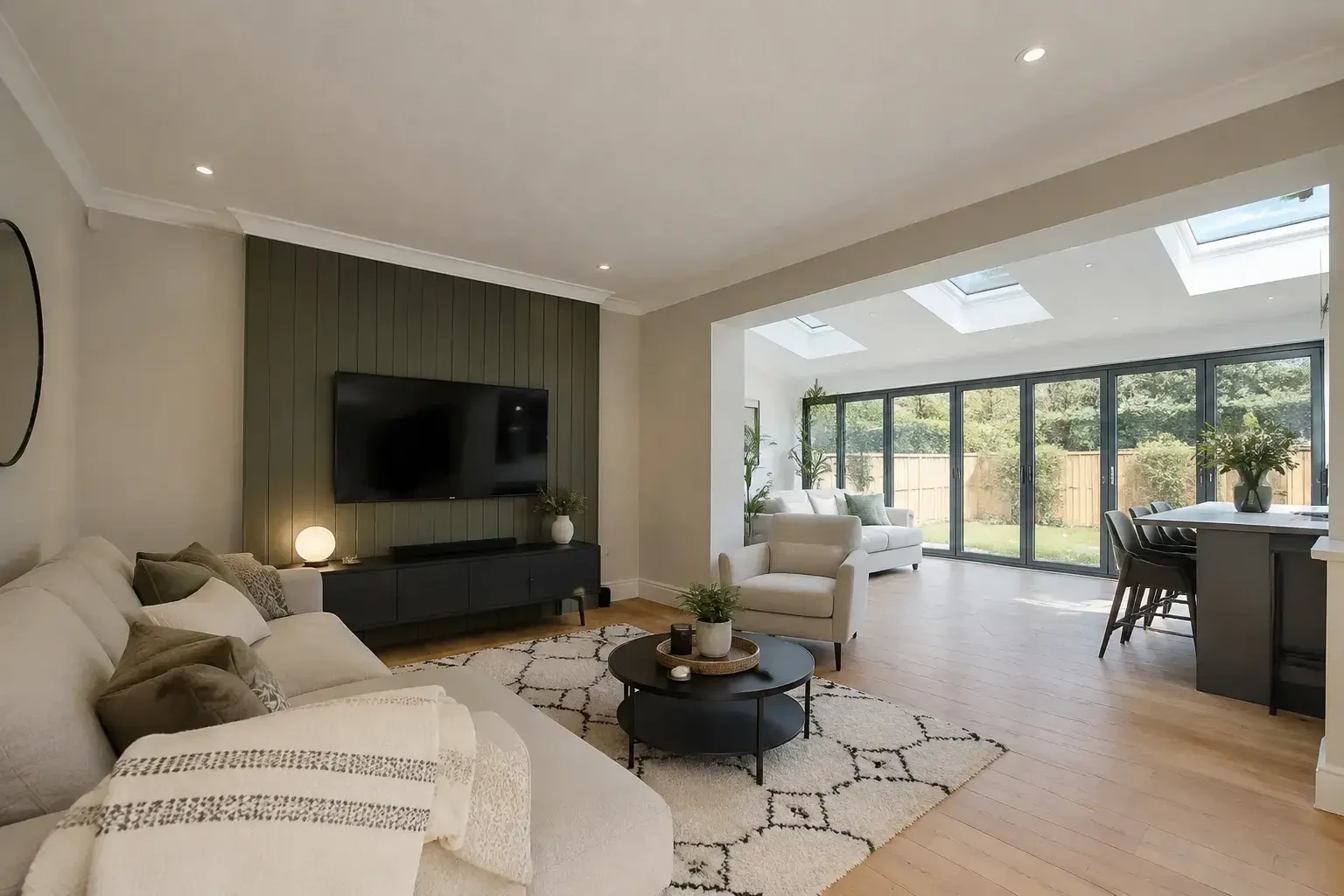 Living room opening into a bright rear extension with rooflights