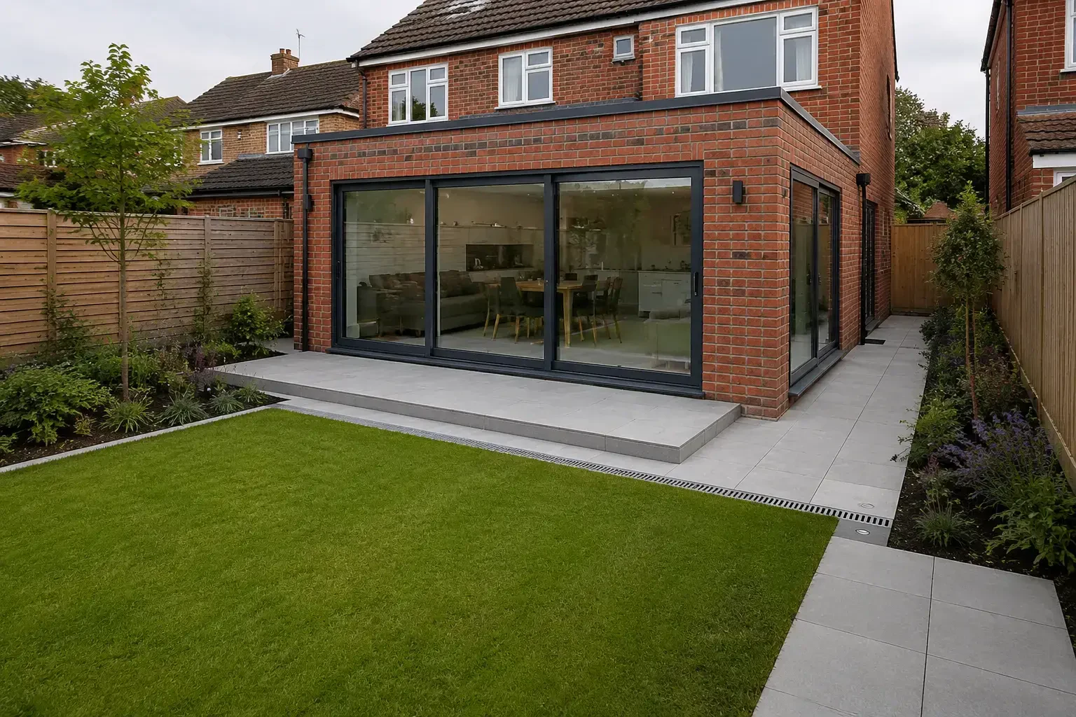 Landscaped rear garden with lawn, pale paving and a glazed brick extension