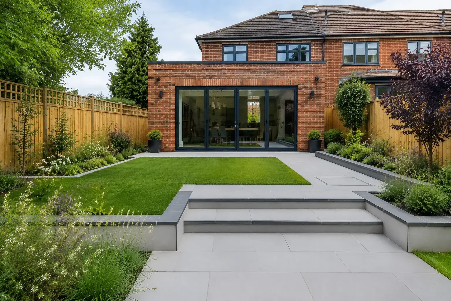 Finished rear garden with lawn, broad steps, planting and pale paving