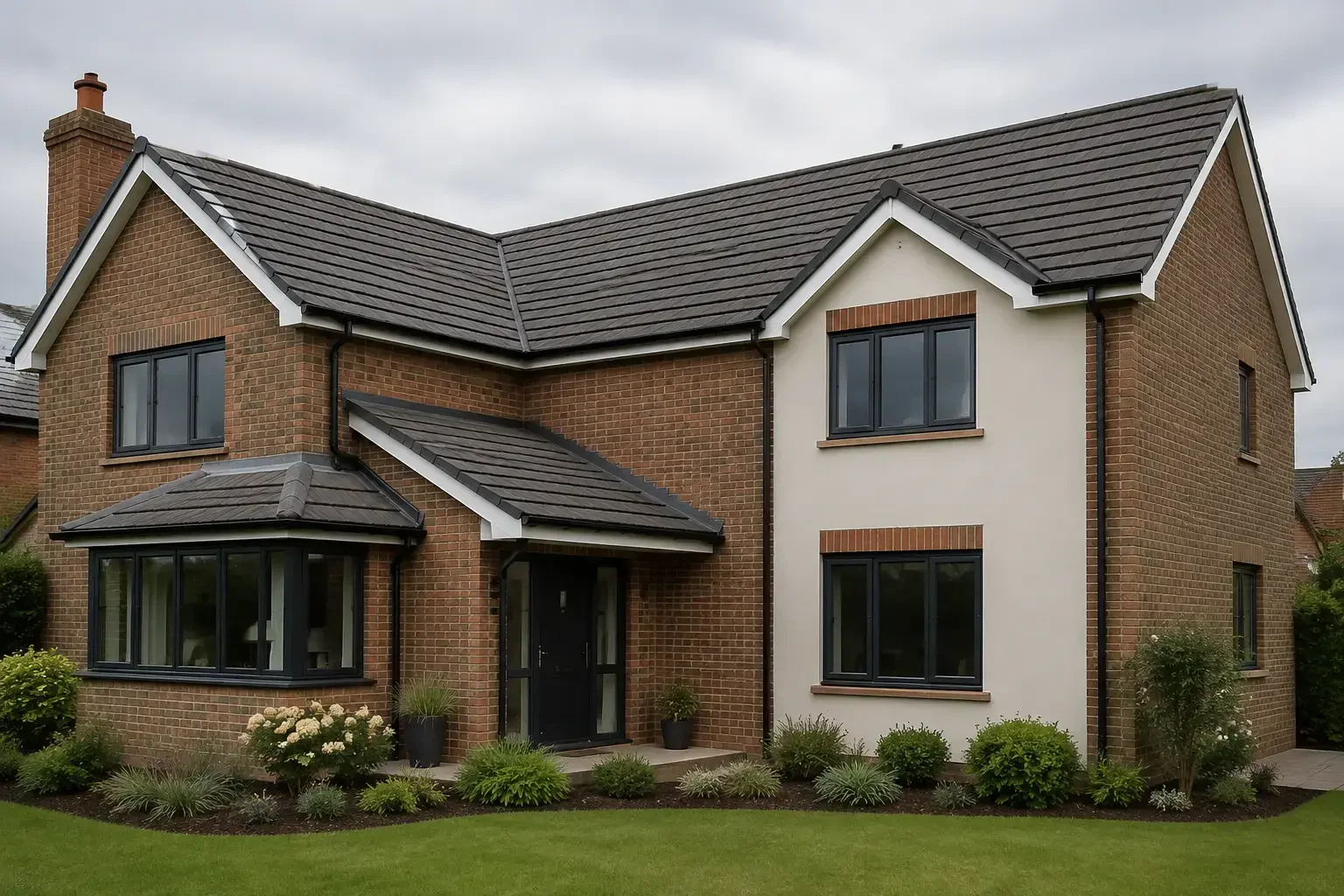 Detached brick house with a completed grey tiled roof