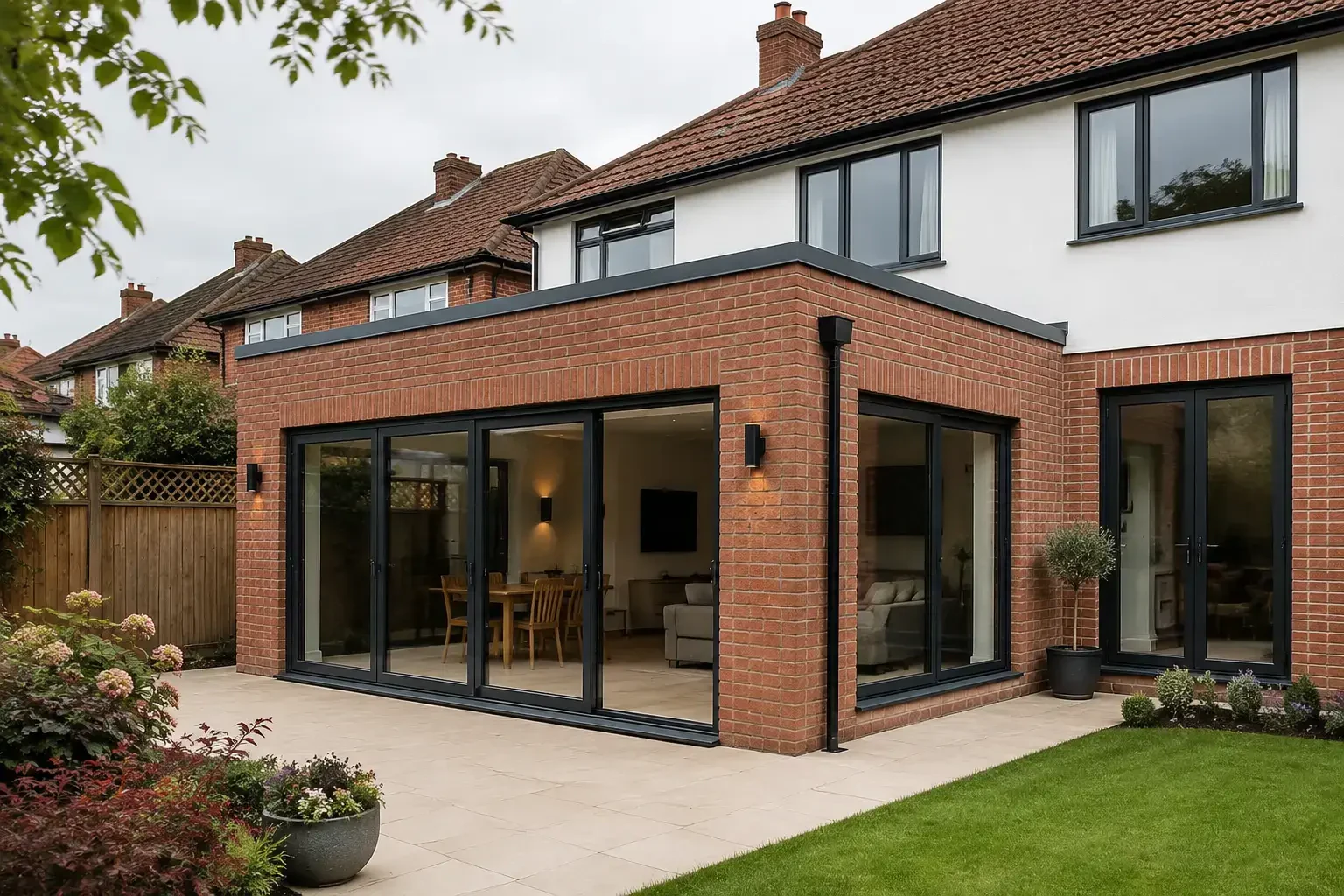Flat-roof brick extension with dark glazing and a paved terrace